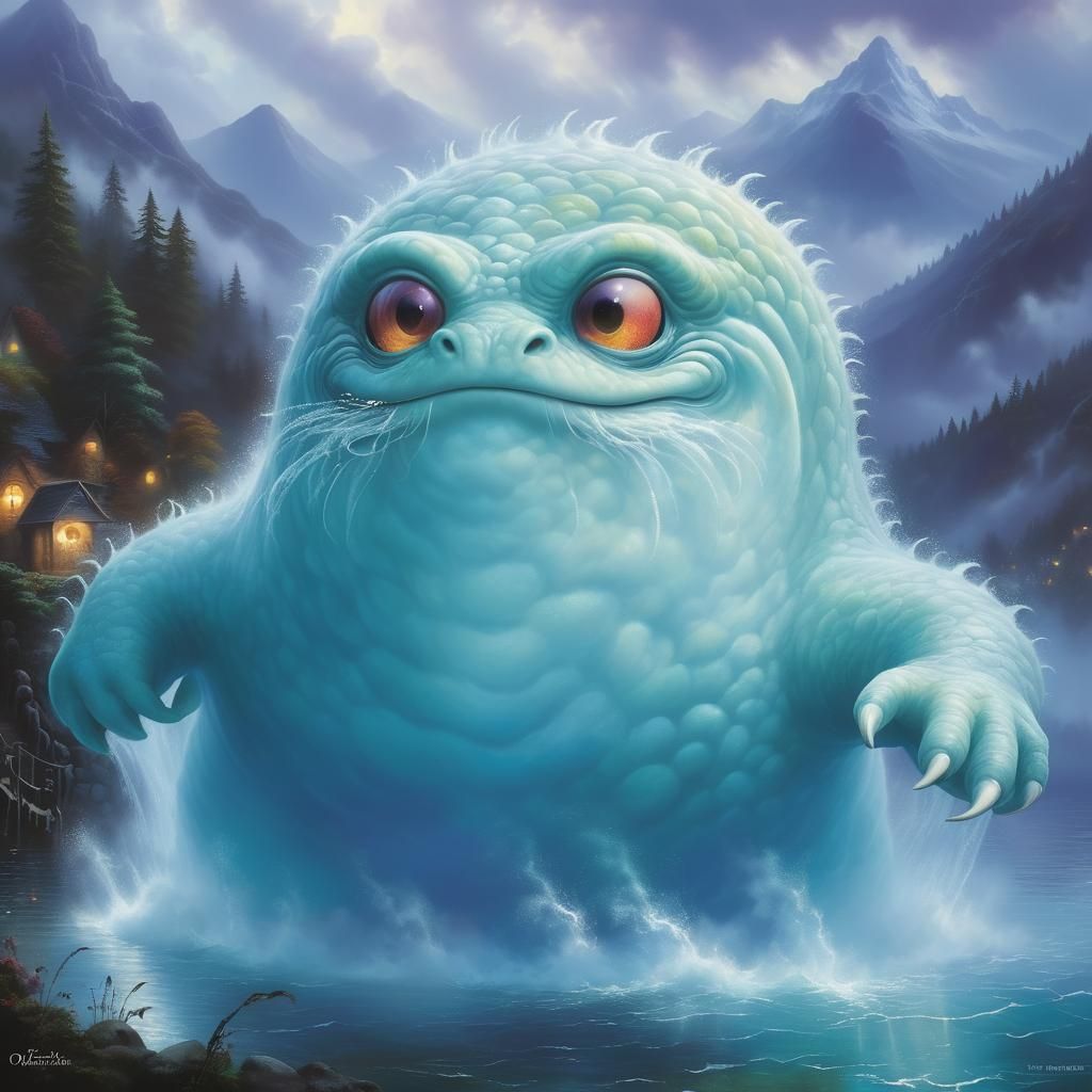 Ethereal Loch Ness Monster in Misty Landscape