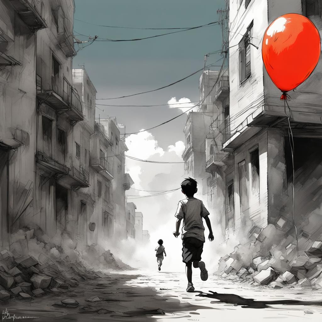 Gaza Boy and Red Balloon: Watercolor Art