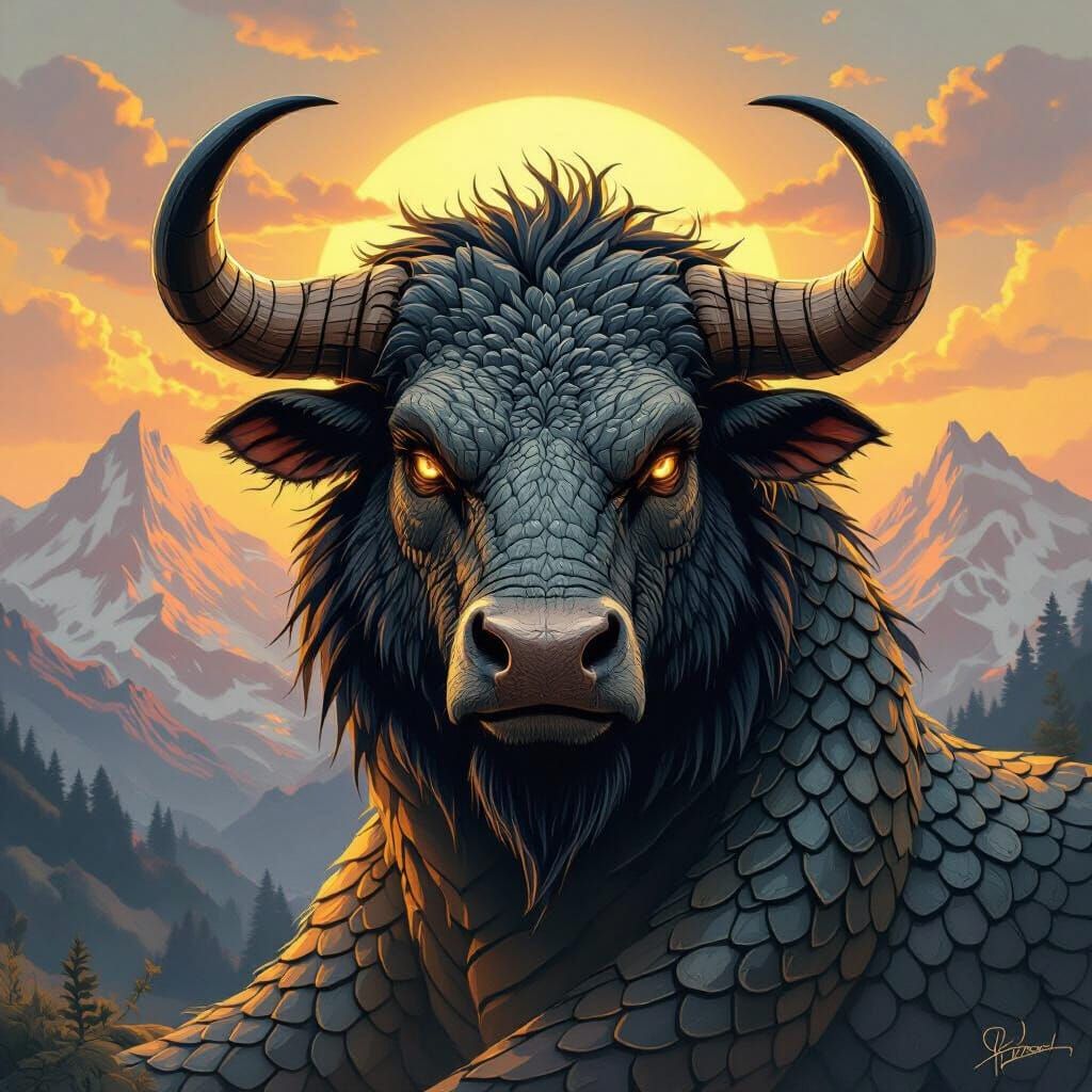 Serpent Bull Hybrid in Majestic Mountain Sunset
