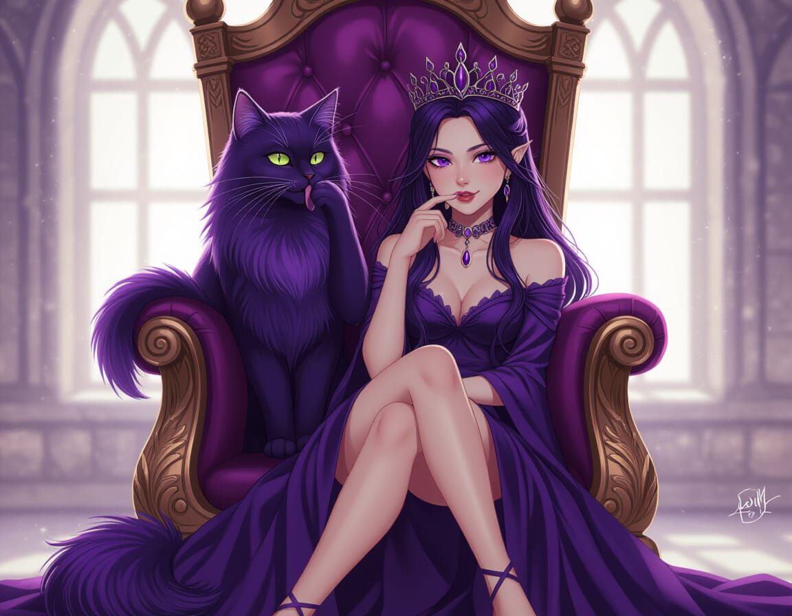 Majestic Purple Cat and Woman on Throne