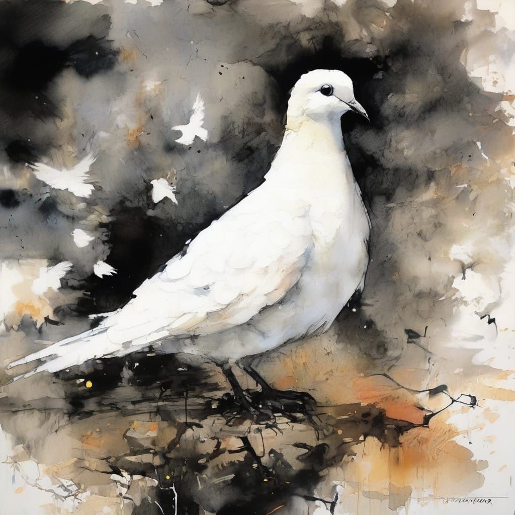 Surrealist White Dove in Otherworldly Sumi-e Style