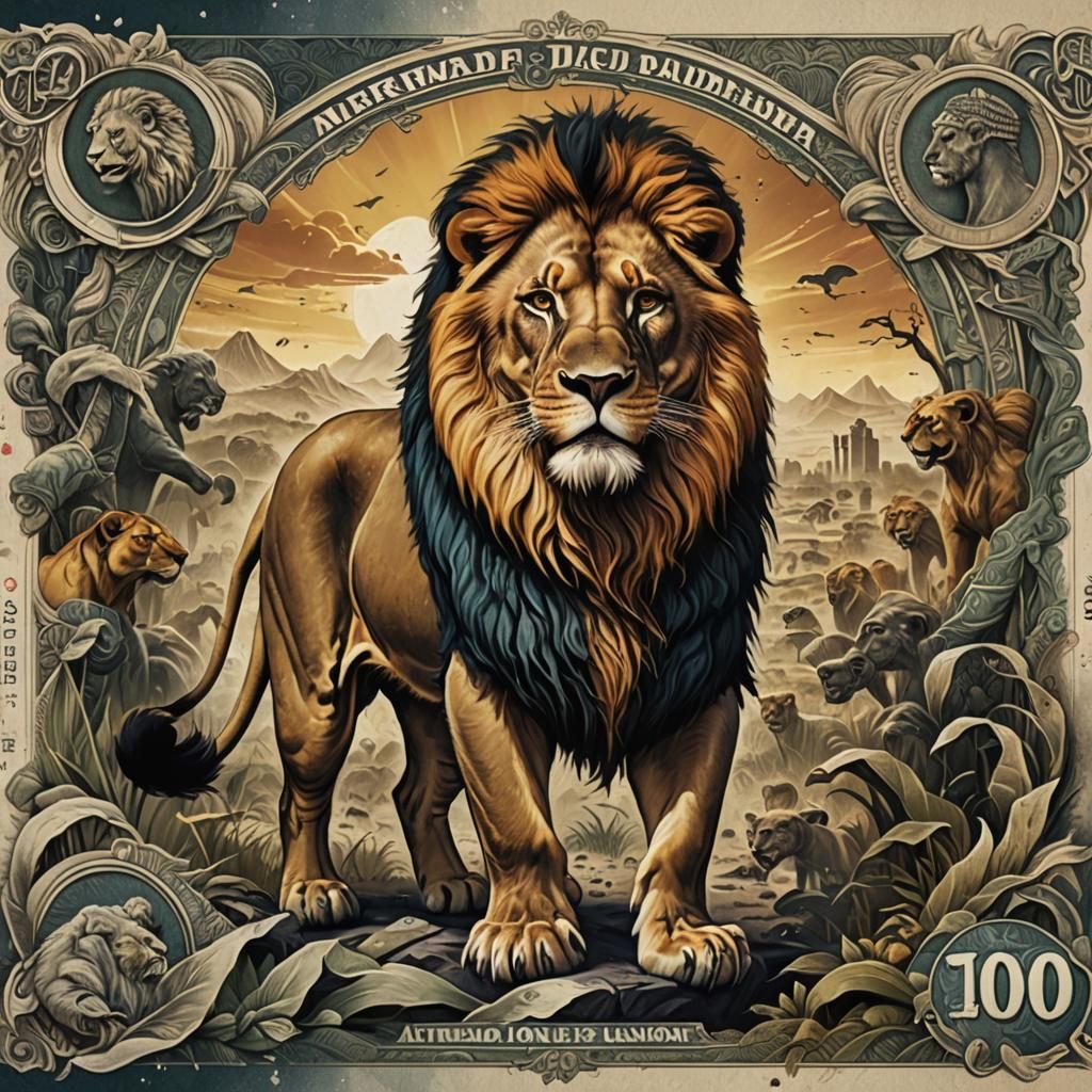 African Lion Poster Art Banknote in Detailed Matte Style