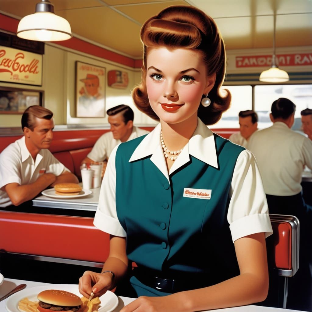 Waitress from the 1960s Enjoying a Juicy Burger in a Retro A...