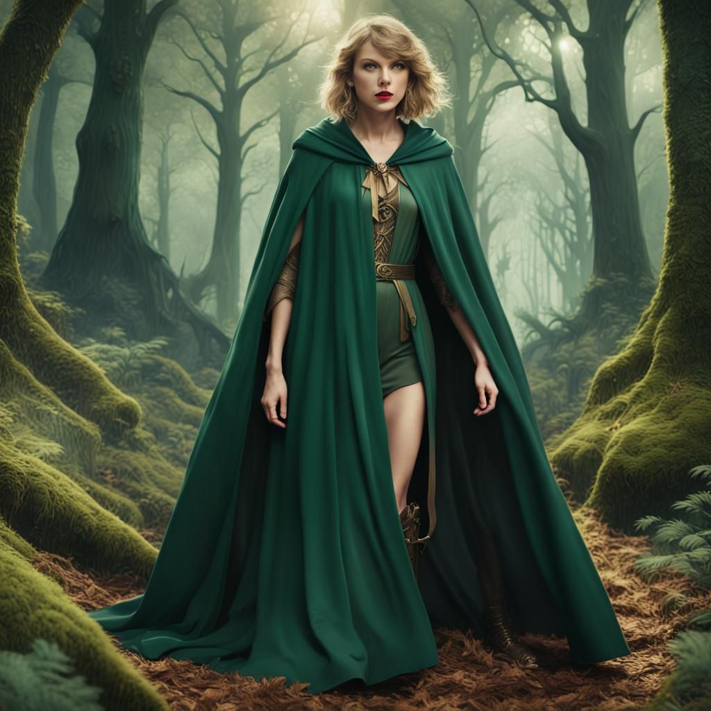 Taylor Swift in Green Cloak, Fantasy Art