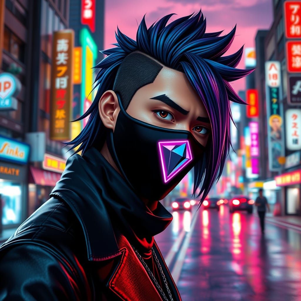 Japanese Man in Neon Black Attire Against Vibrant Tokyo City...