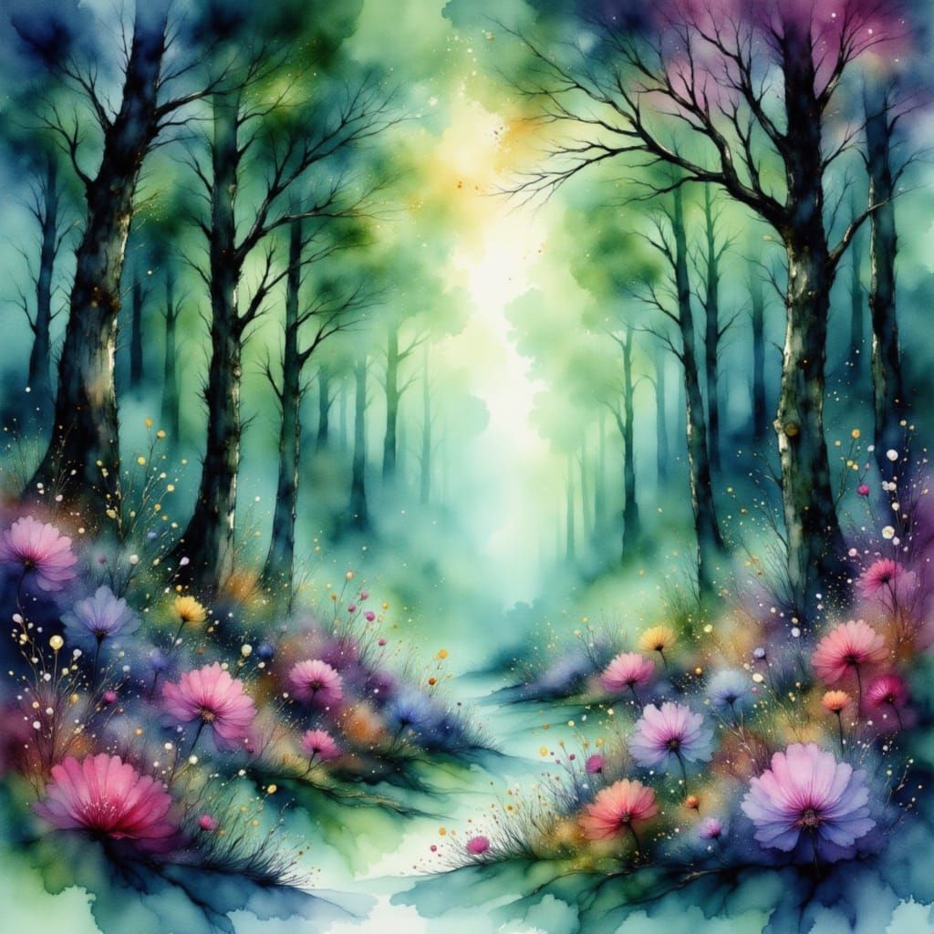 Mystical Forest with Inksplash Flowers as Watercolor Paintin...