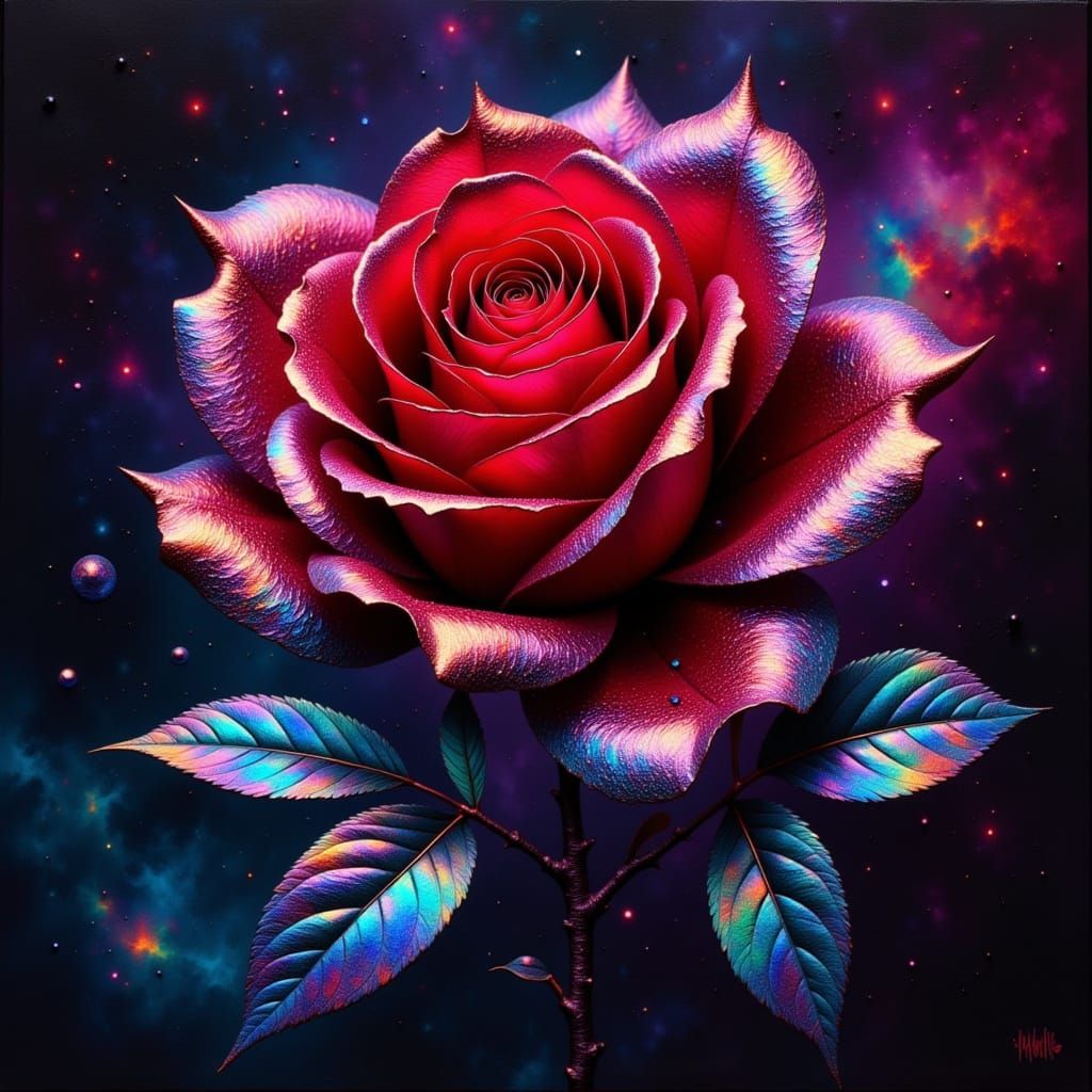 Iridescent Rose with Cosmic Rainbow Background