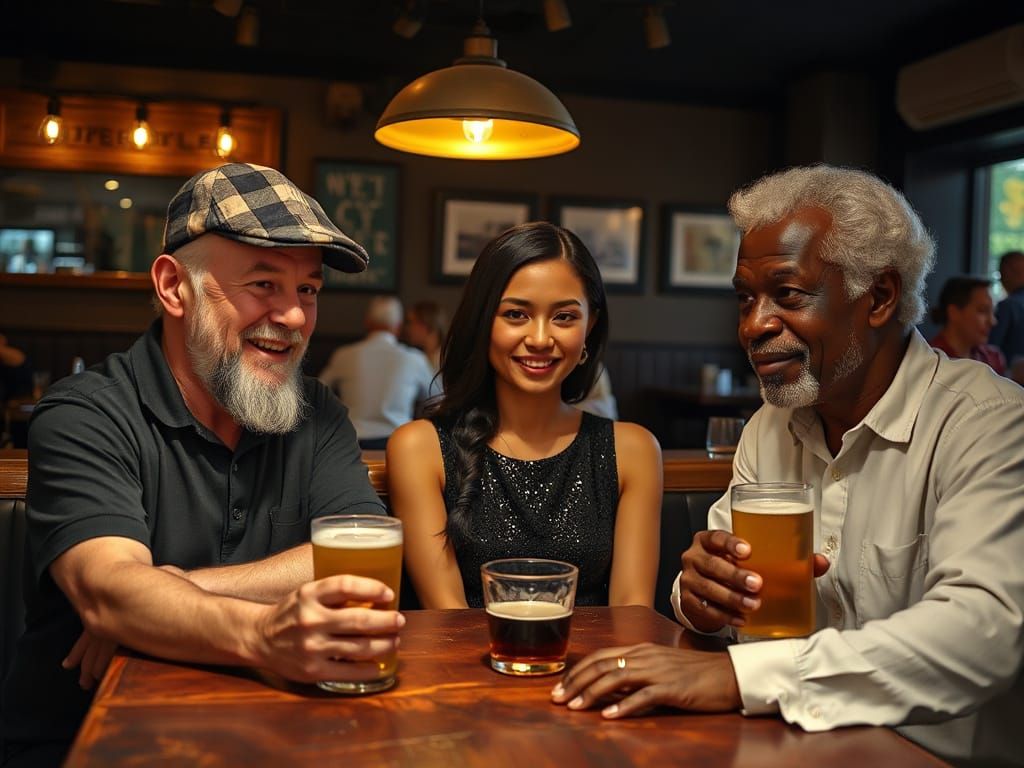 Elderly Friends Enjoying Evening in Cozy Hyperrealist Café S...