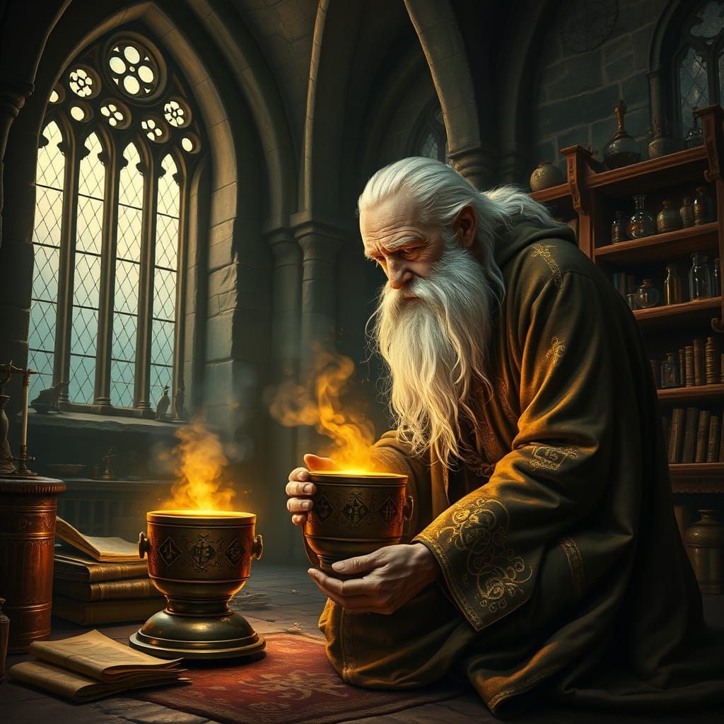 Elderly Alchemist in Gothic Stone Chamber Discovers Philosop...