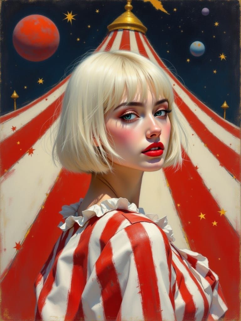 Woman in Striped Outfit Gazes Confidently Under Cosmic Circu...