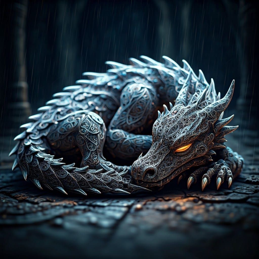 Ghostly Filigree Dragon Sleeps in Dark Dungeon