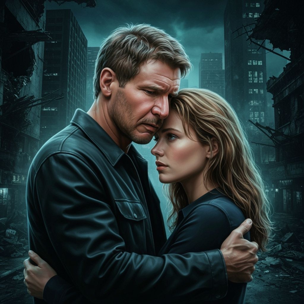 Blade Runner Embrace in Surreal Cityscape