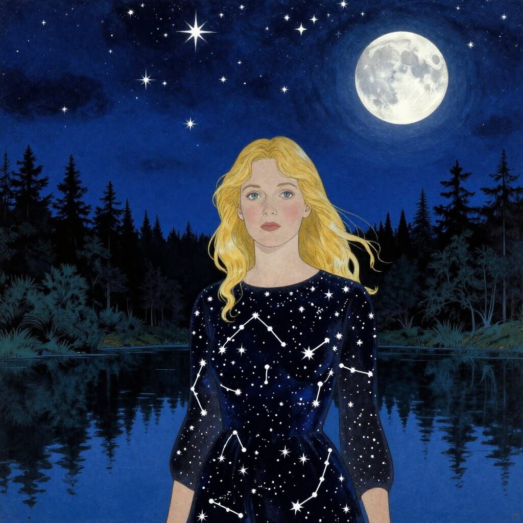 Woman in Constellation Dress Under Starry Sky