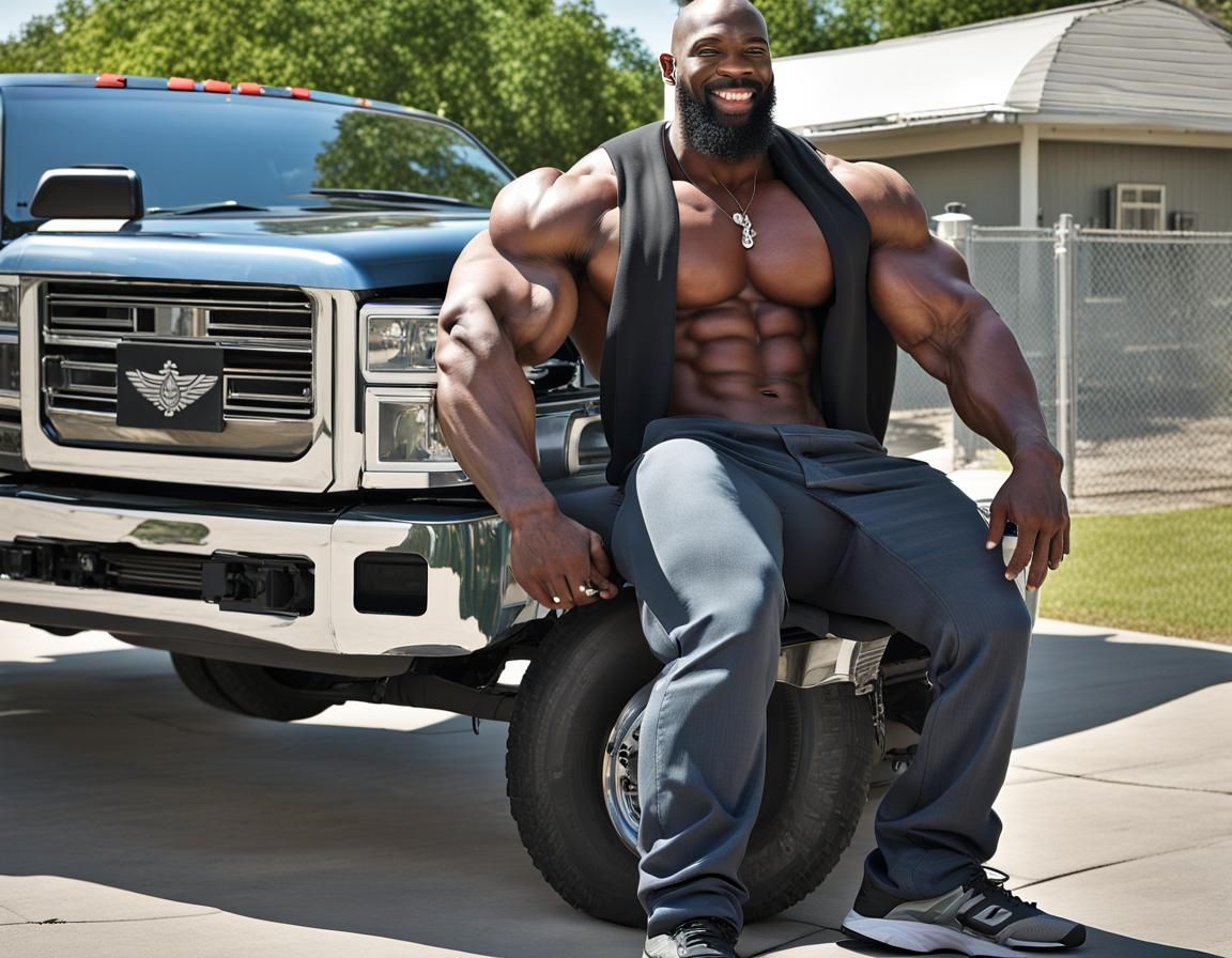 Gigantic Muscular Man on Truck: Digital Matte Painting