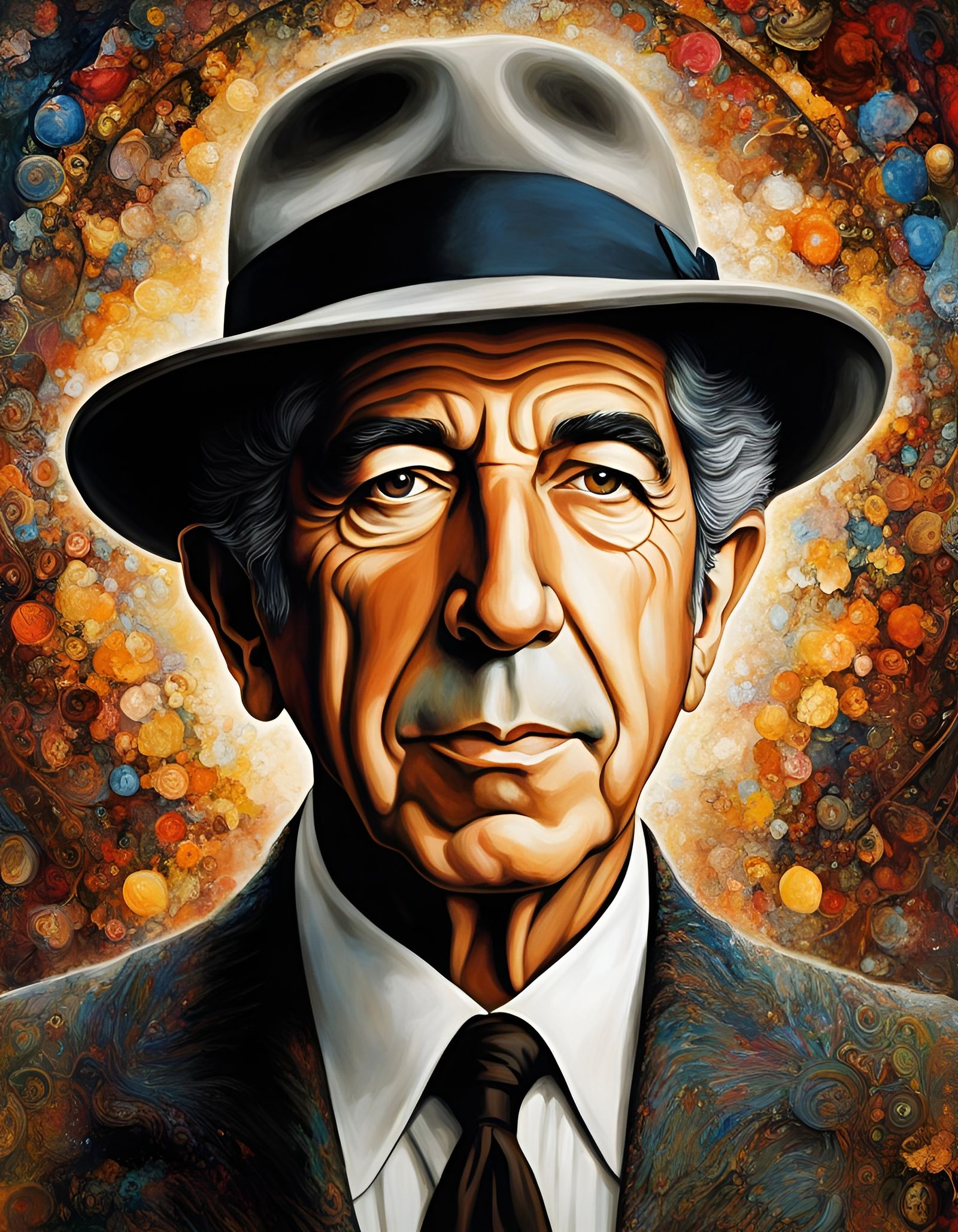 Maximalist Portrait: Leonard Cohen in Retro Dystopian Art