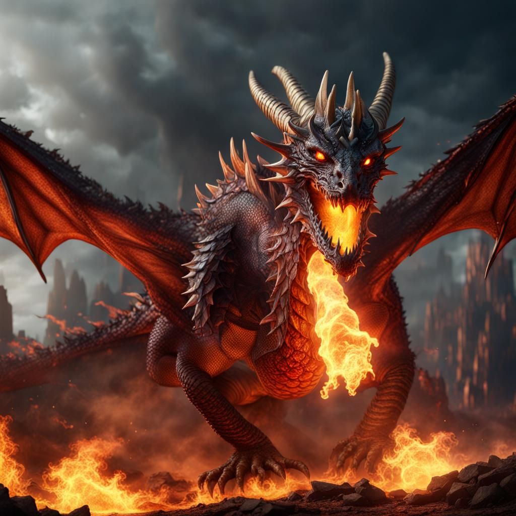Fantasy Dragon Breathing Fire: Detailed Matte Painting
