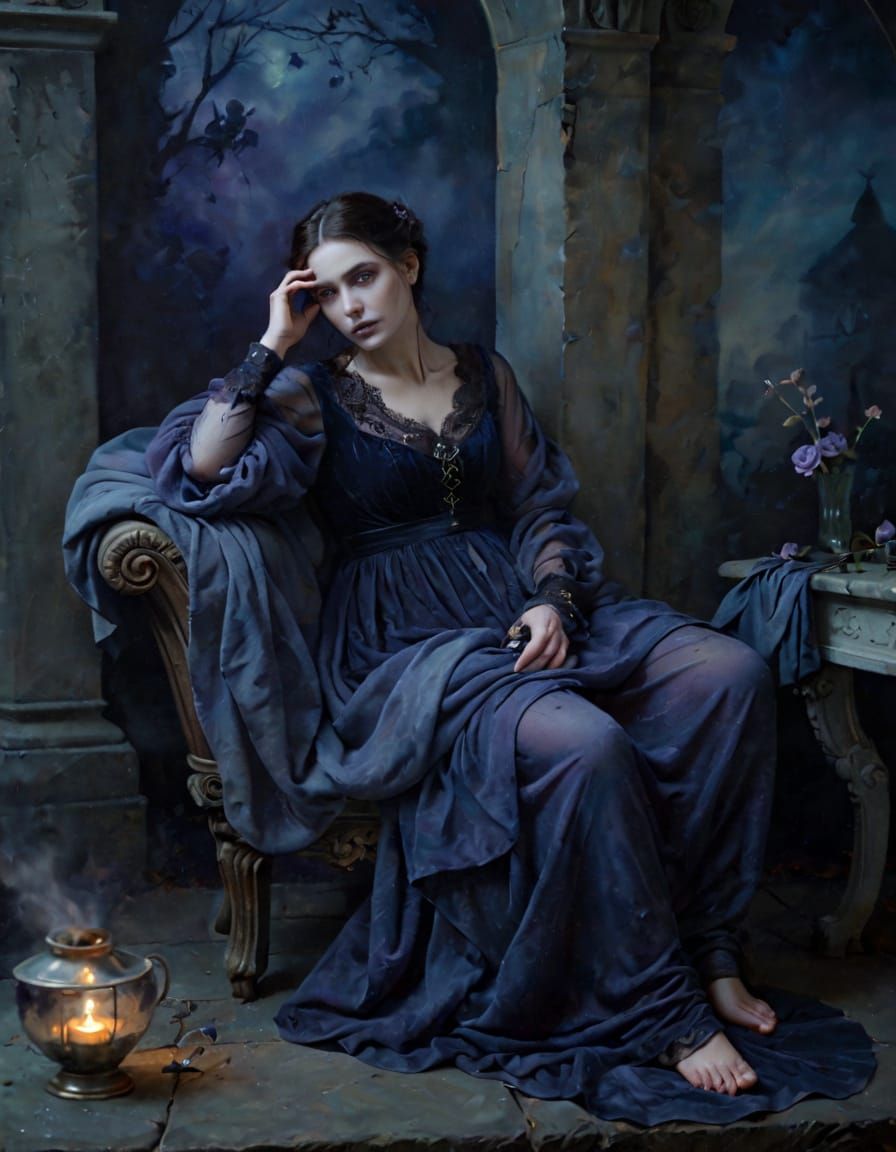 Ethereal Gothic Woman Portrait in Oil Painting Style