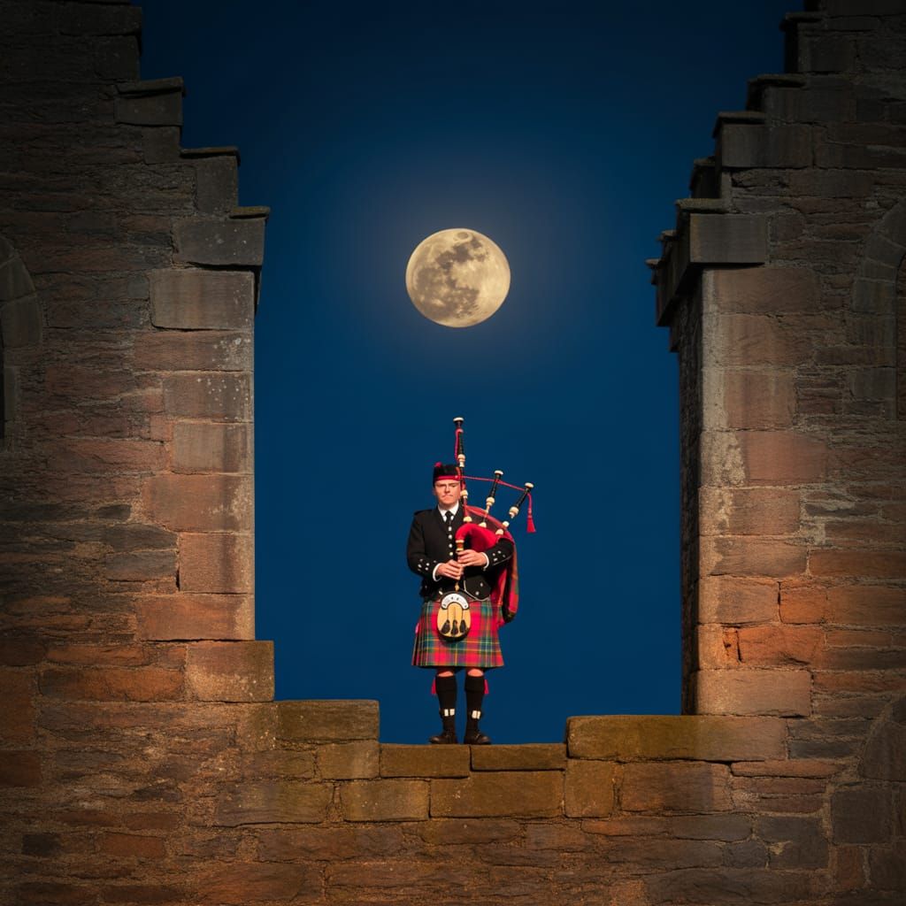 Bagpiper on Castle Battlement Under Full Moon
