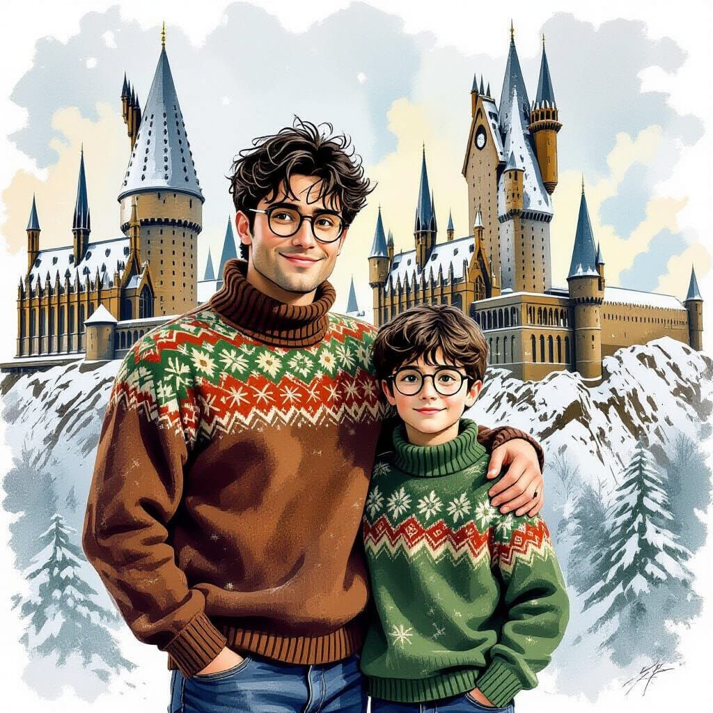 Father and Son at Hogwarts Christmas: Whimsical Realism