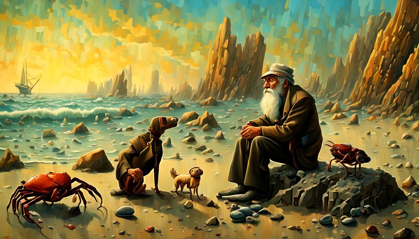 Surreal Coastal Scene with Old Man and Dog