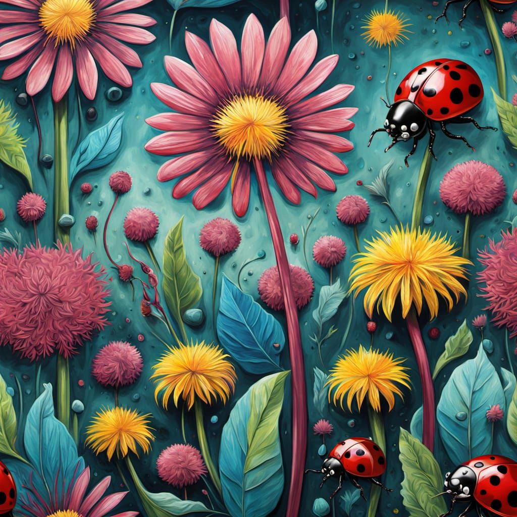 Ladybirds in Whimsical Surreal Dandelion Landscape