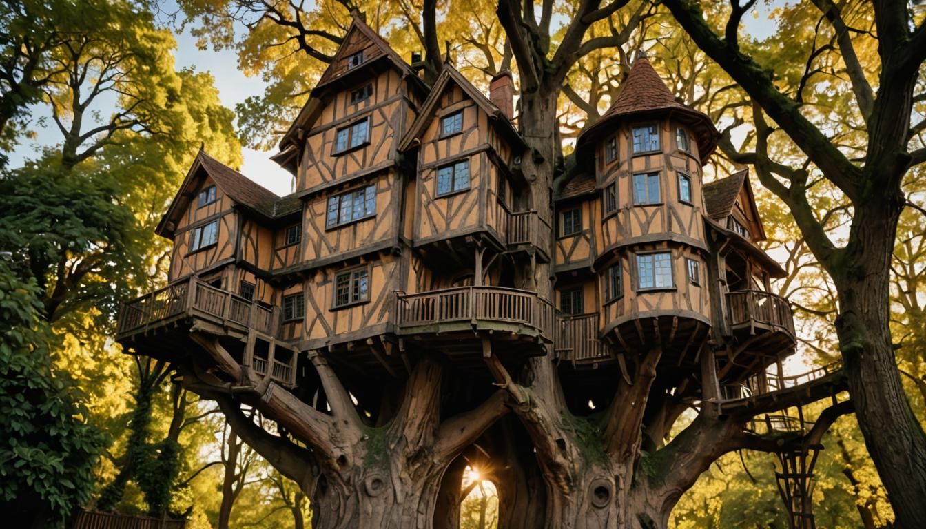 Majestic Half-Timbered Treehouse in German Expressionism