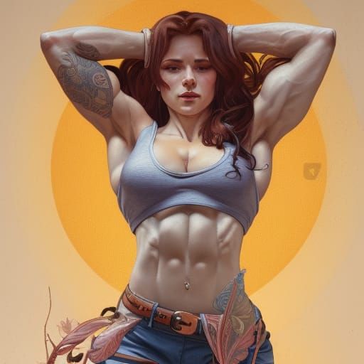 Muscular Woman Portrait with Red Hair, Digital Art