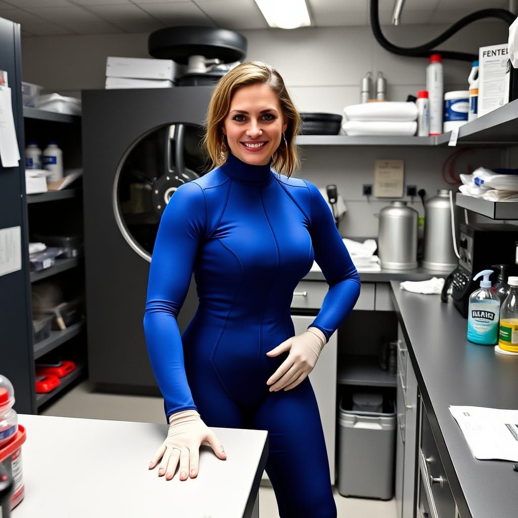 Lab Assistant in Full-Body Blue Unitard