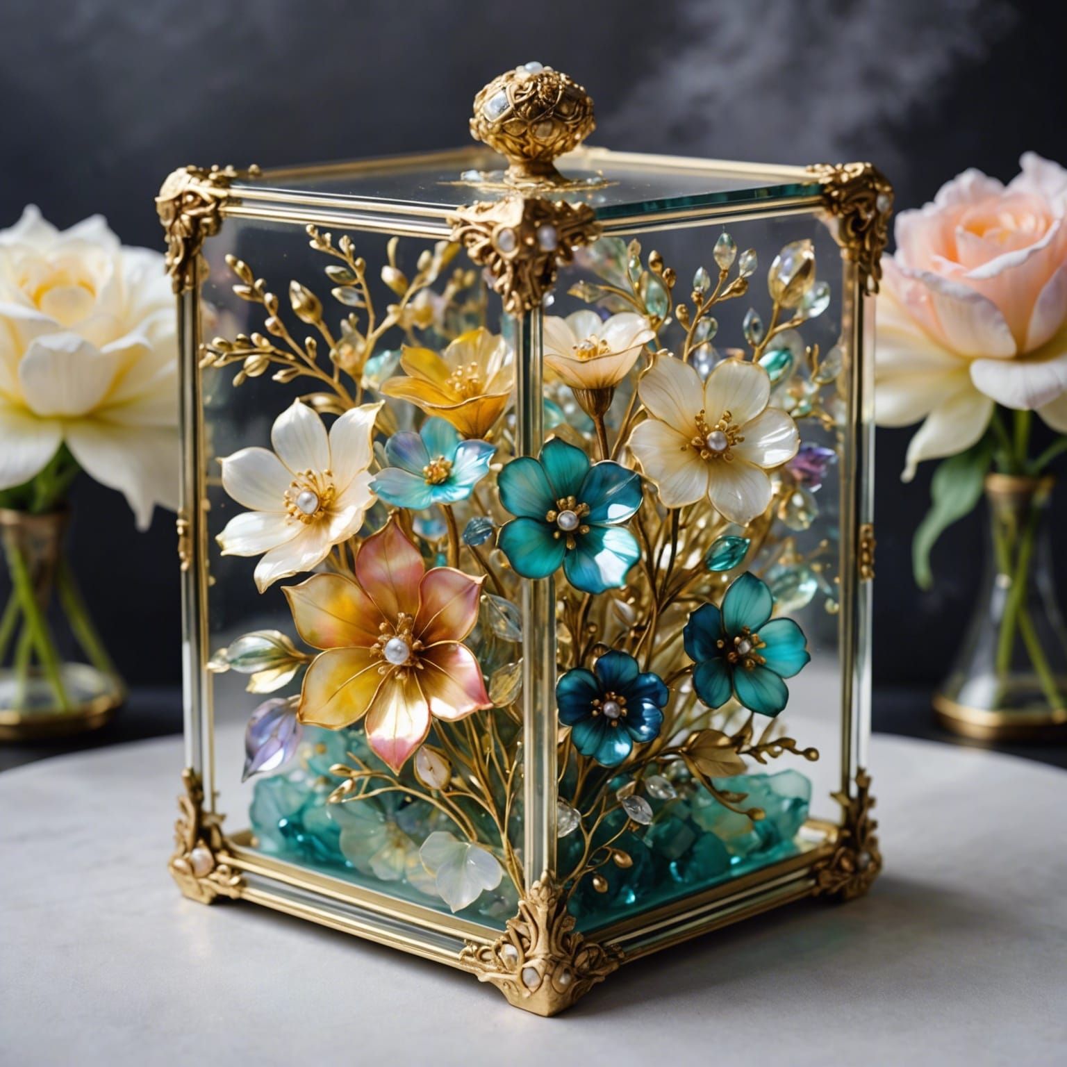 Glass Box Filled with Iridescent Alcohol Ink Flowers