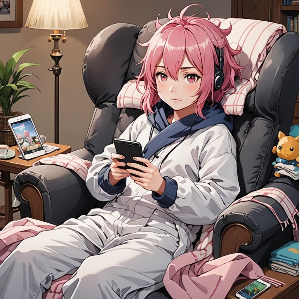 Pink-Haired Monster Relaxing, Anime Style