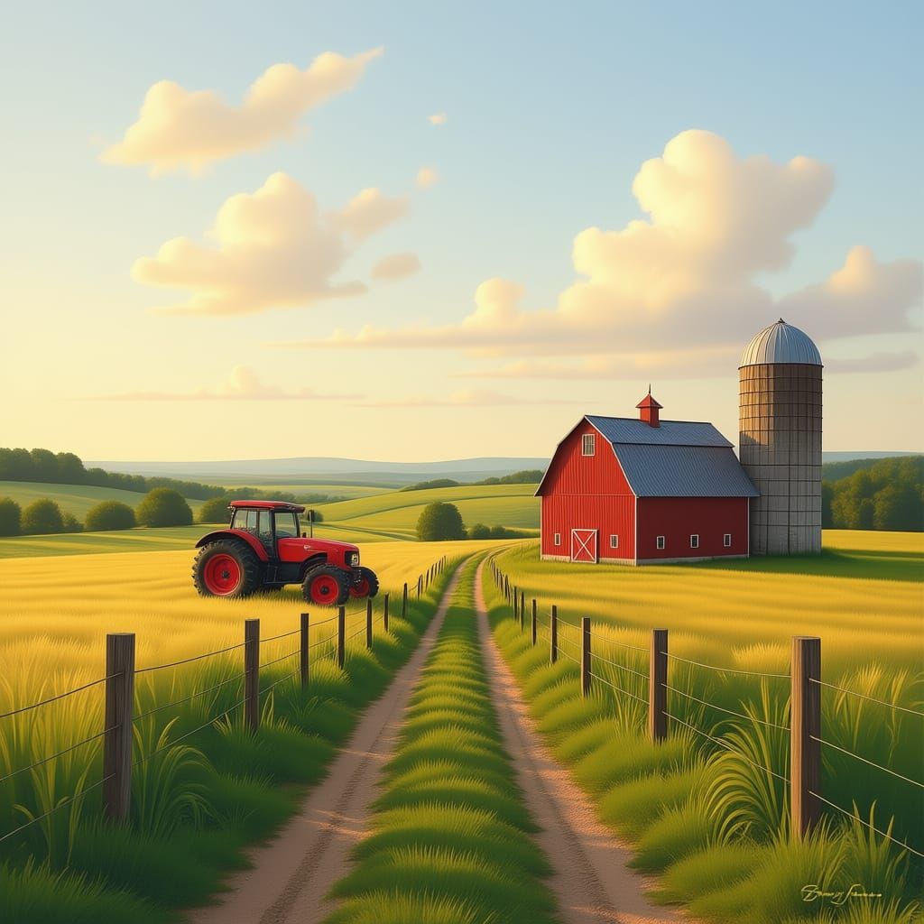 Rural Farm Scene with Distant House, Barn, and Silo