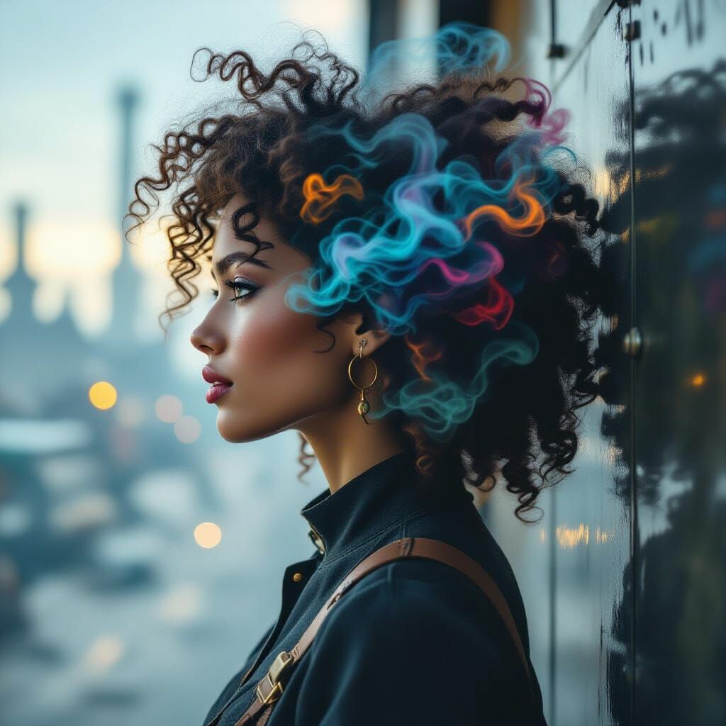 Woman's Profile in Multicolored Smoke, Steampunk Style