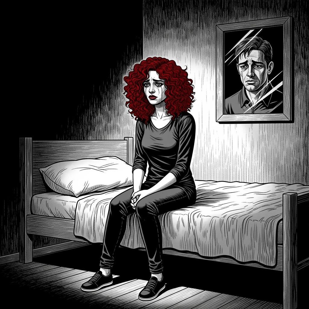 Sorrowful Woman and Mirror Reflection in Film Noir Style