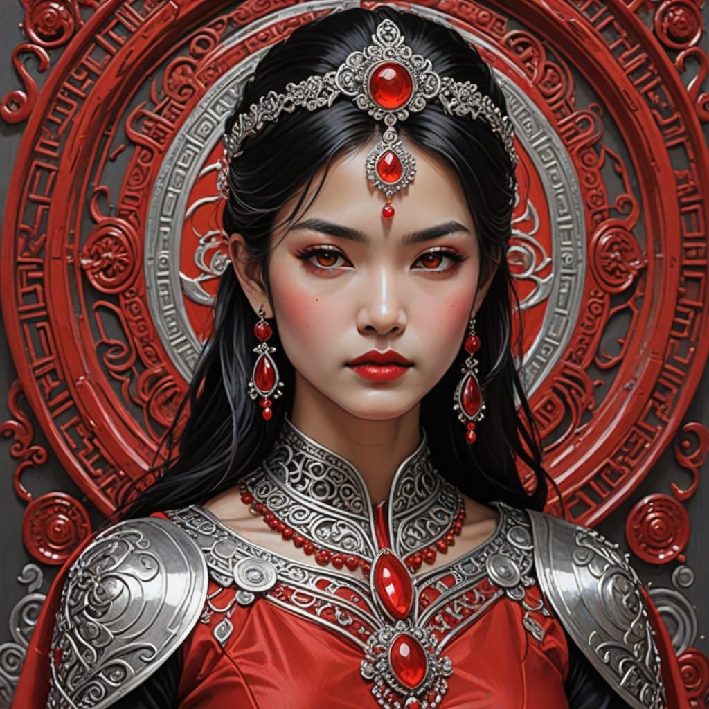 Majestic Goddess in Red and Silver Regalia