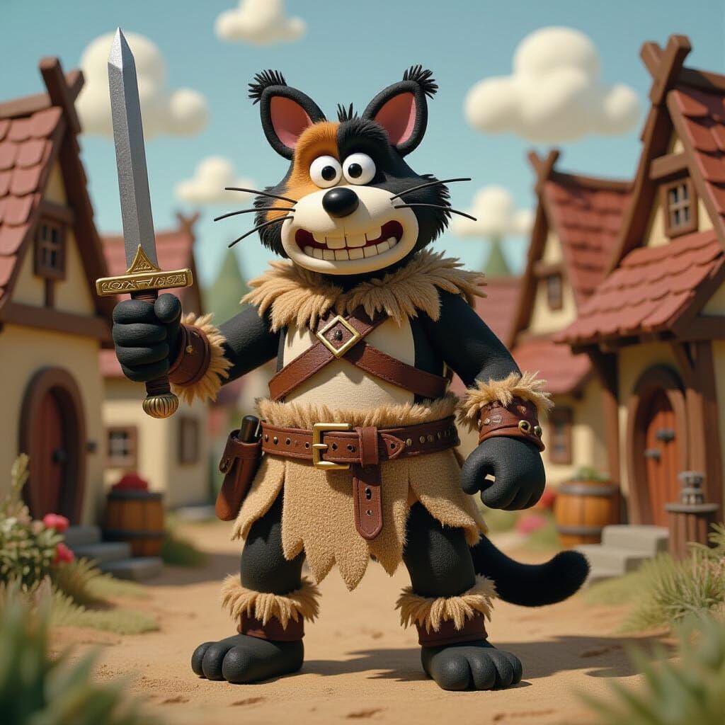 Calico Cat Barbarian in Claymation Style