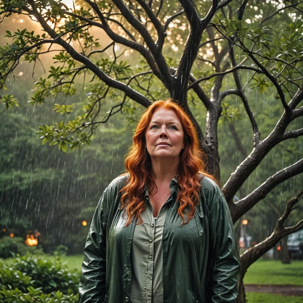 Redhead Tree Woman Enjoys Rainy Sunrise: Surreal Oil