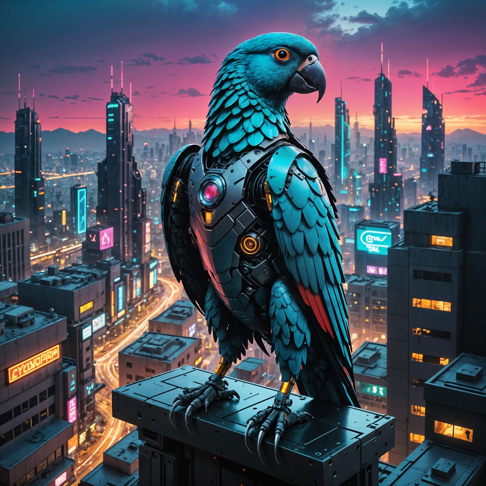 Cyberpunk Cyborg Parrot Watches Over the City