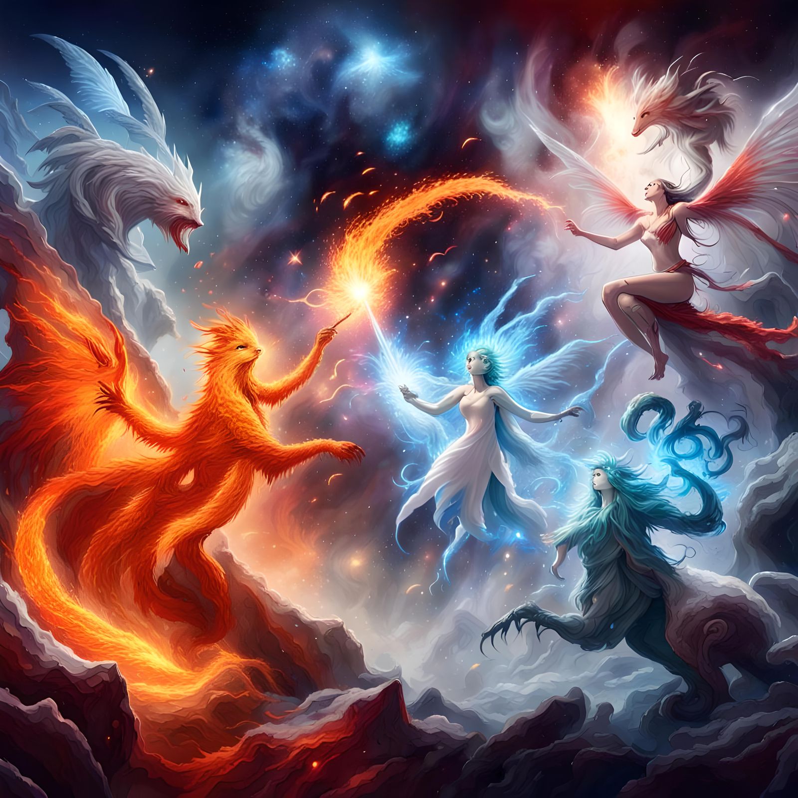 Epic incredible cosmic battle between the creatures, elementals, and fairies of fire and ice. Bright bright intense col...