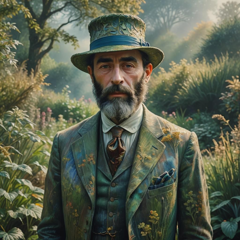 Monet in Misty Garden: Hyper-Realistic Digital Portrait
