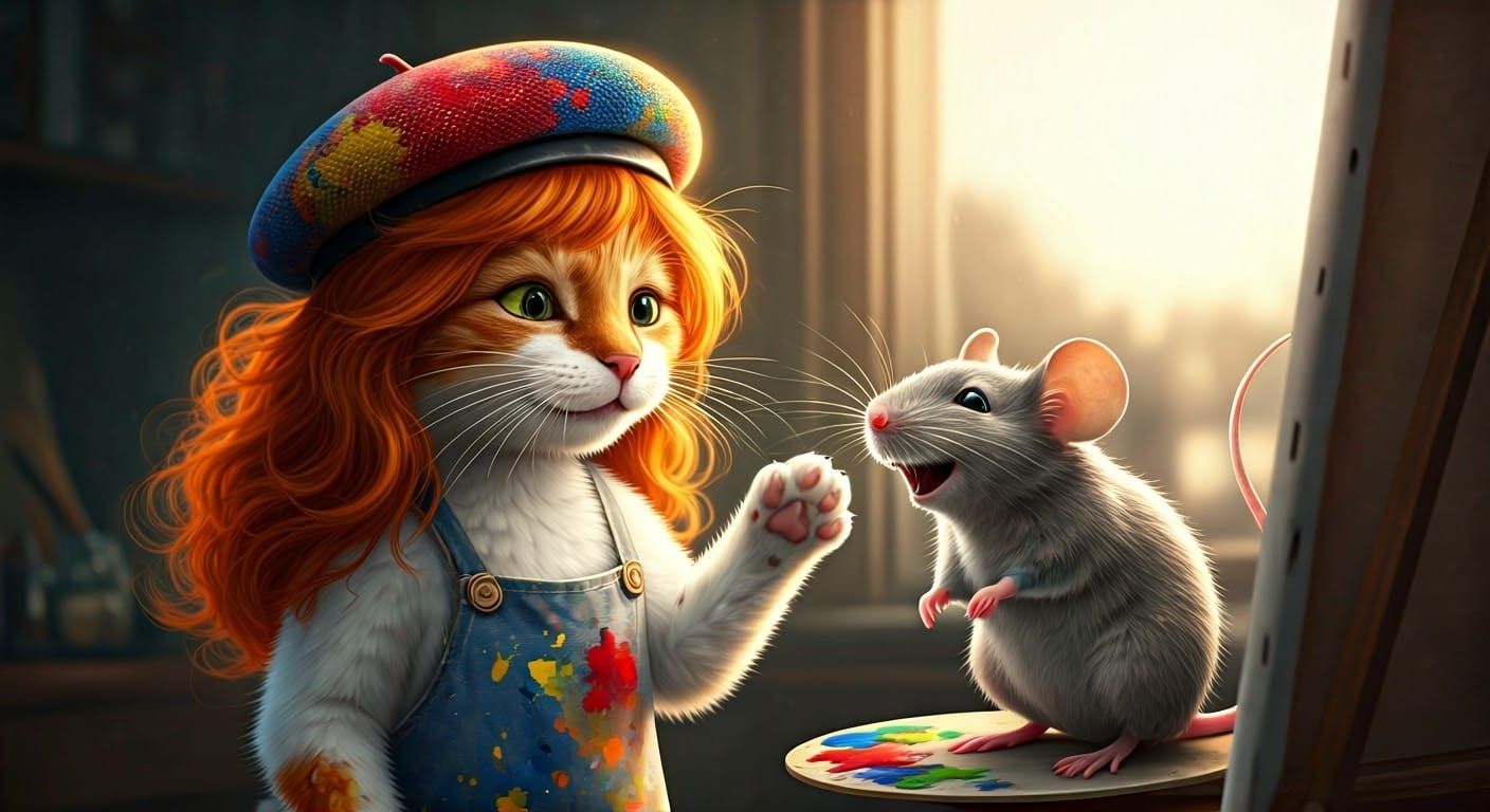 Happy Cat Painter Applauds Delighted Mouse