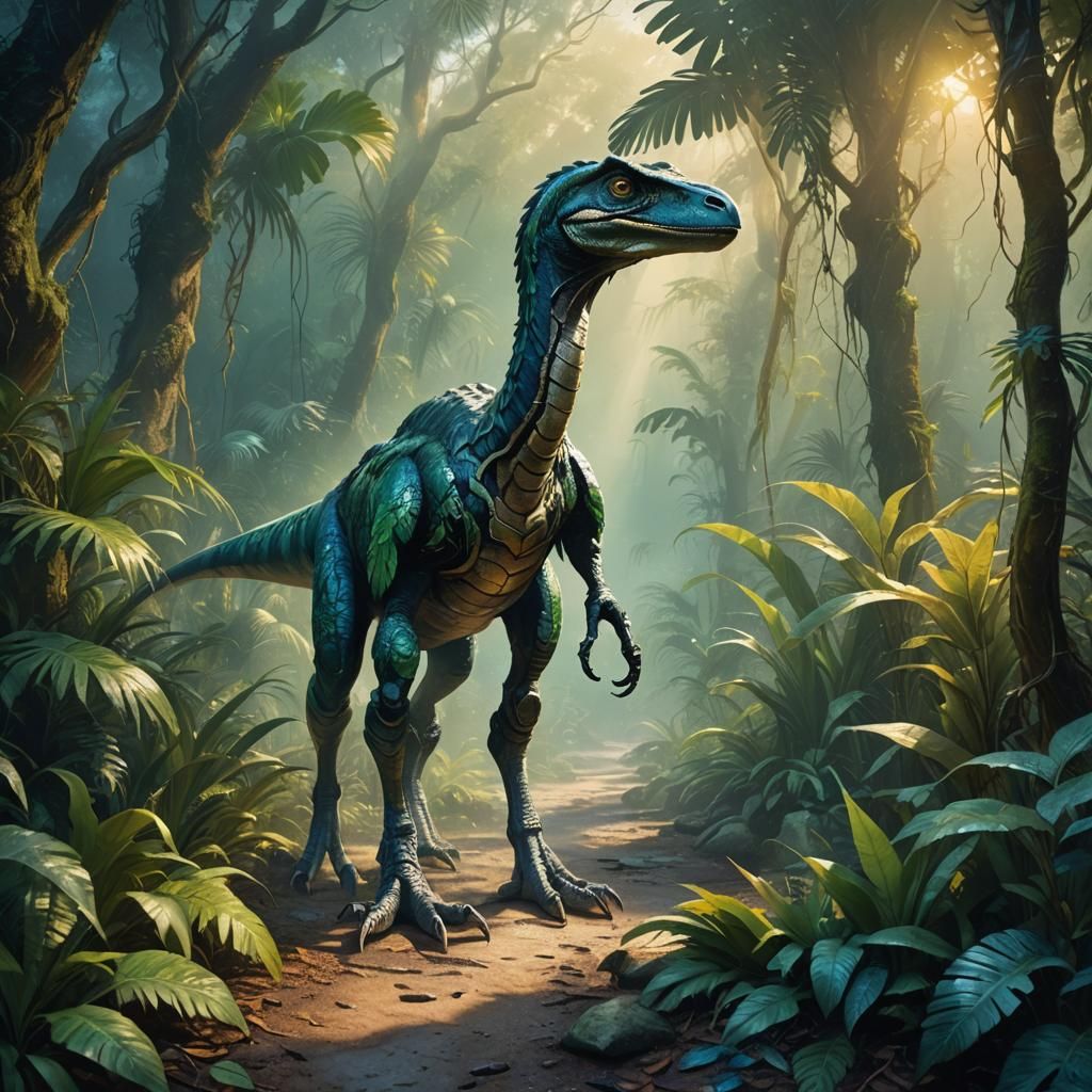 Velociraptor in Misty Jungle Path