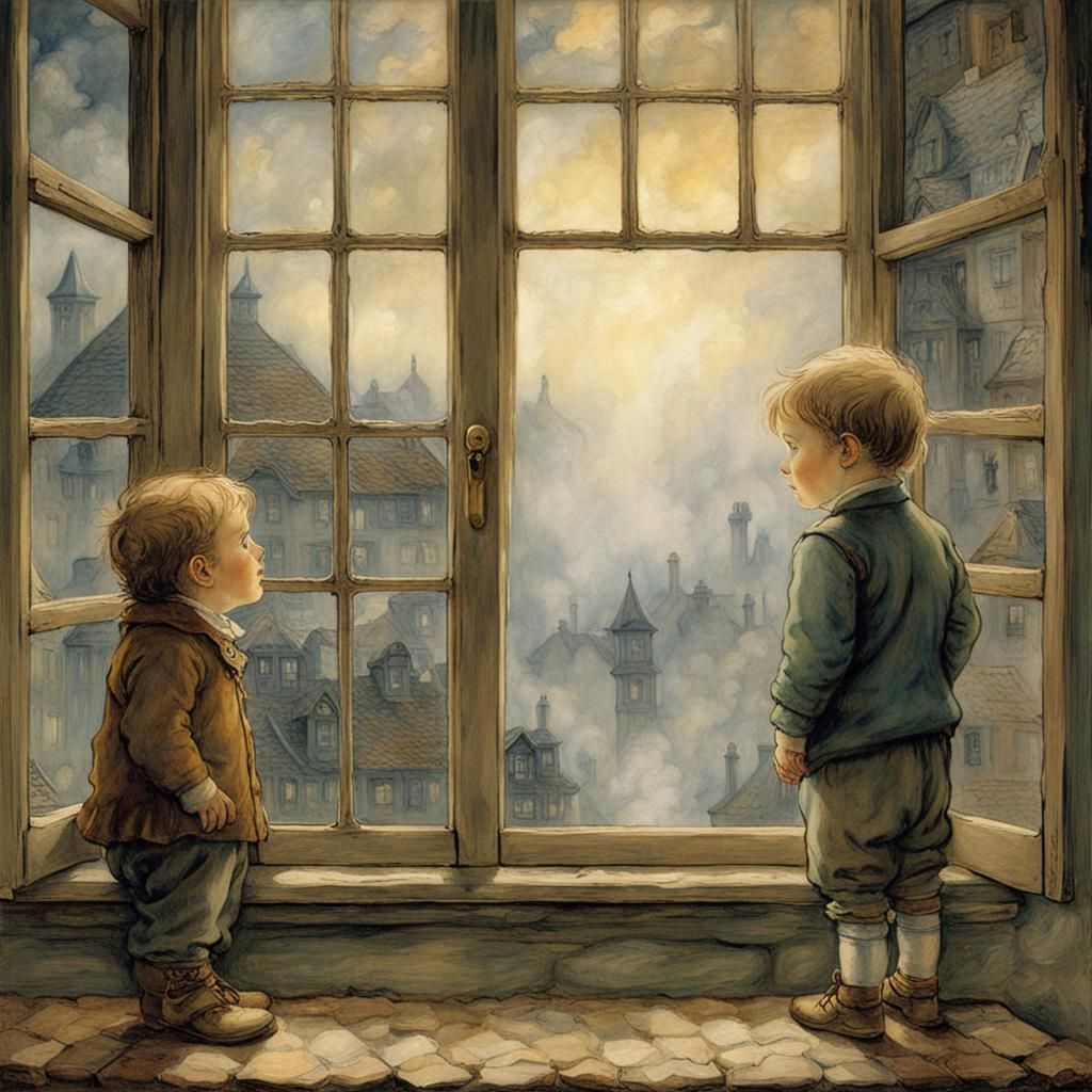 Children Waiting by Window in Ethereal Fantasy Style
