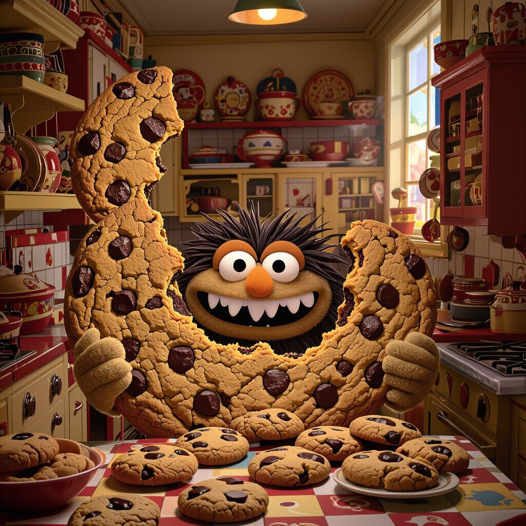 Vibrant Cookie Monster Holds Giant Cookie in Whimsical Kitch...