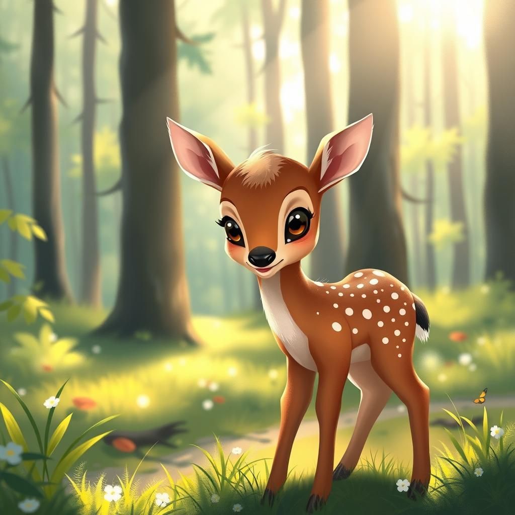 Whimsical Fawn in Sun-Dappled Forest Clearing