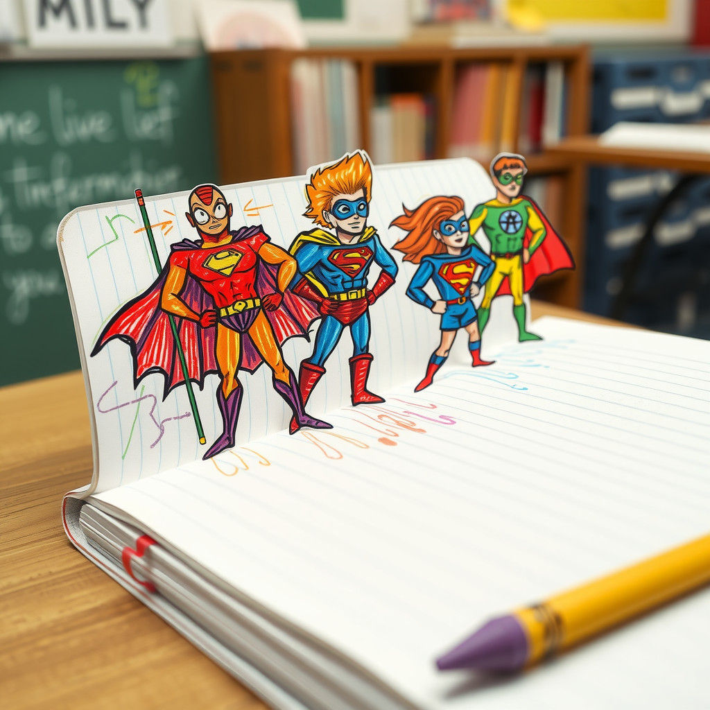 Superhero Doodles Bursting from Notebook Page