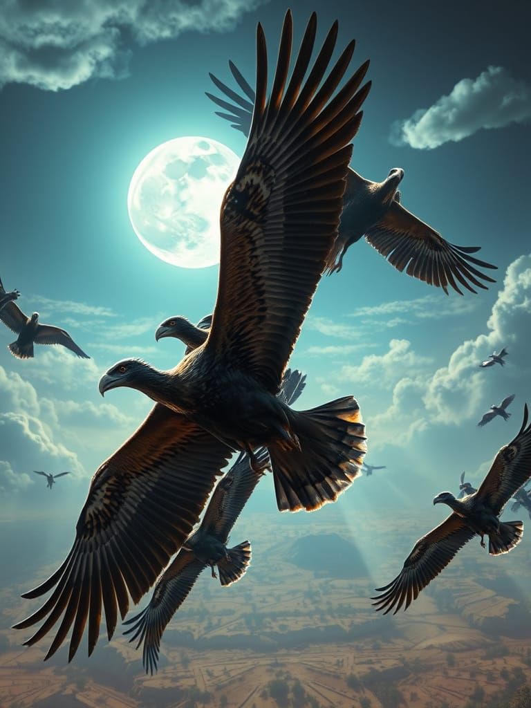 Mice Riding Winged Vultures in African Sky