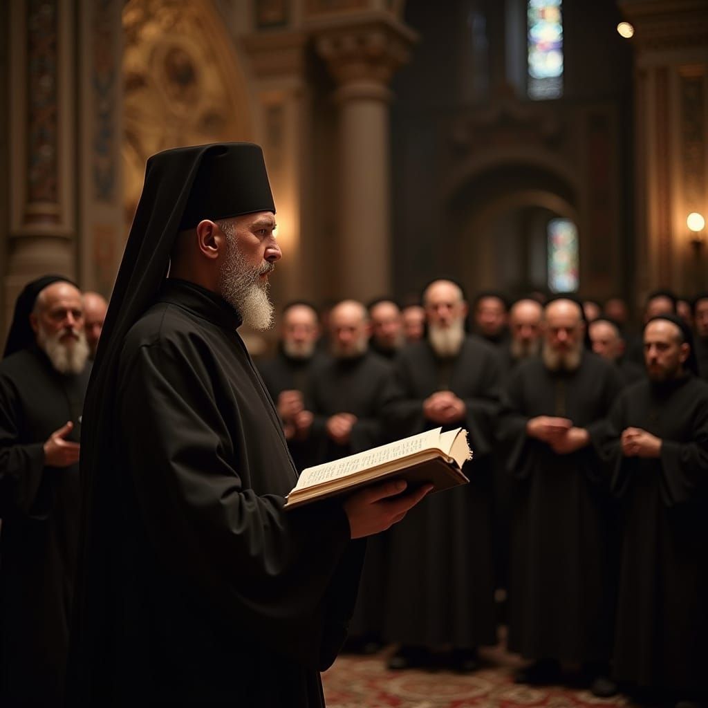 Monks Singing Vespers in Ornate Cathedral