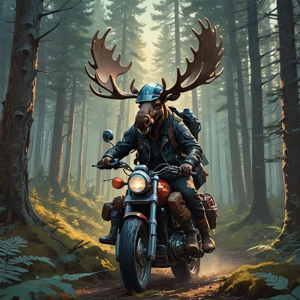 Moose Rides Motorcycle Through Mystical Forest