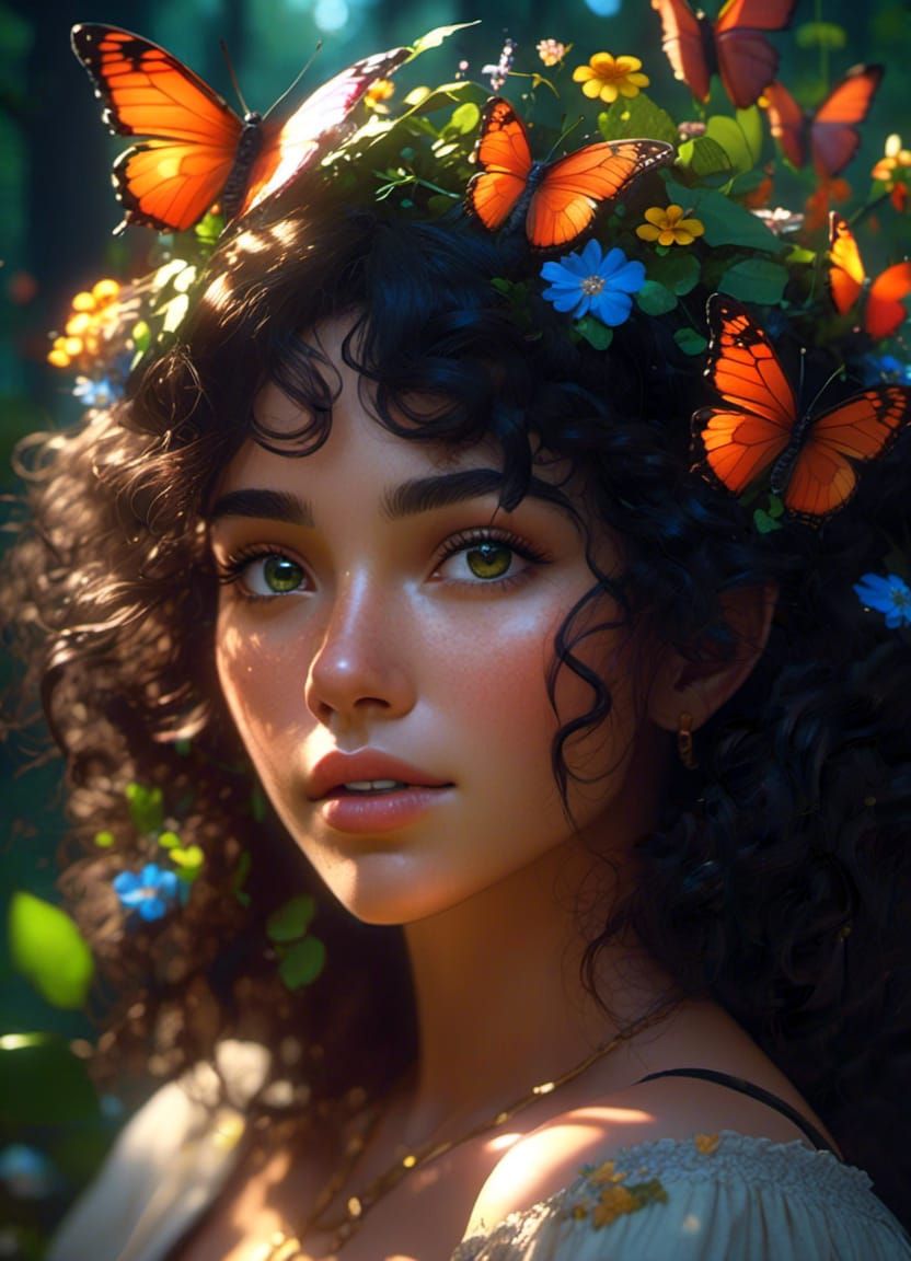 Fae Woman Portrait with Butterflies in Anime Style