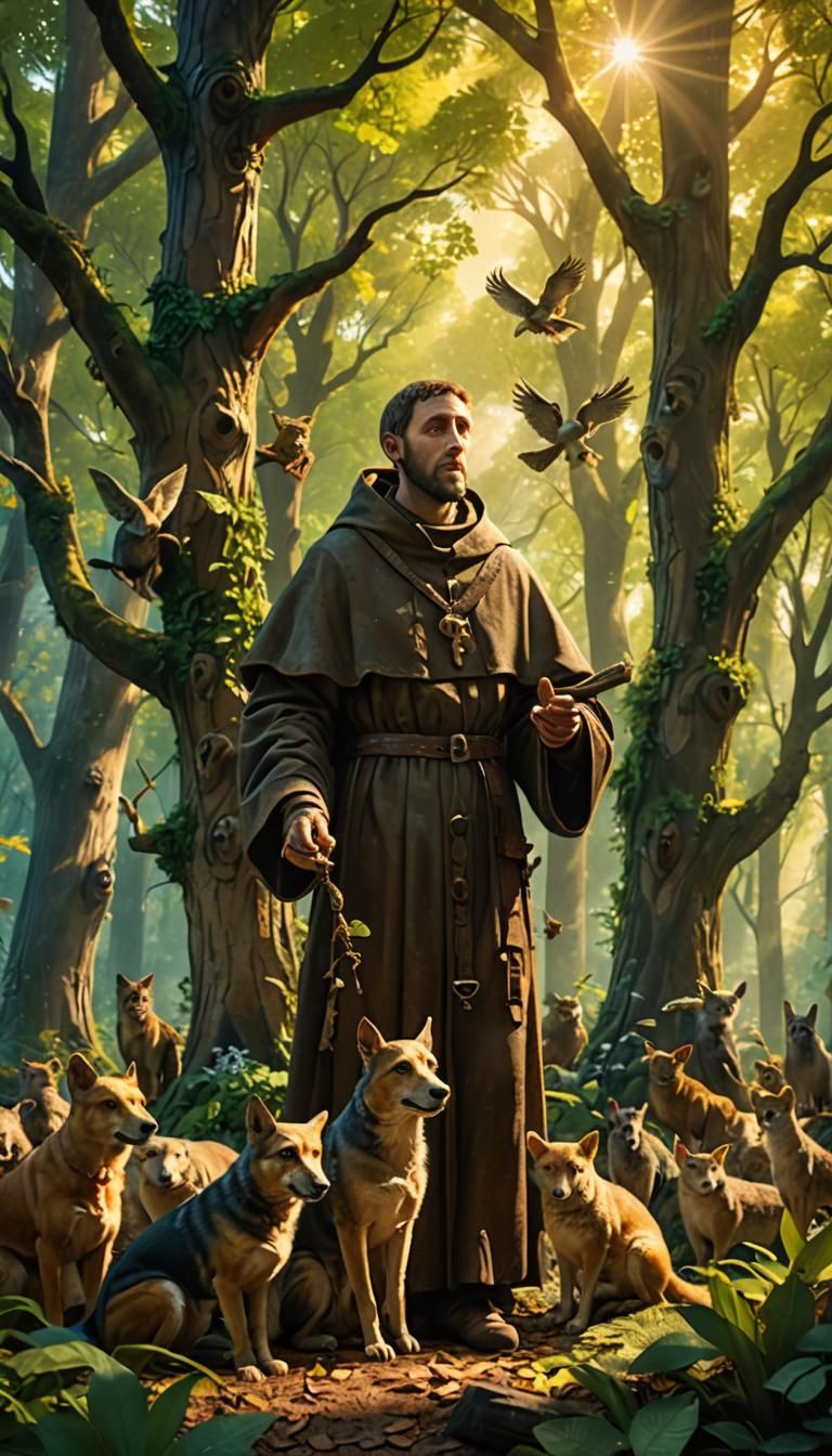Saint Francis of Assisi in Forest, Detailed Digital Art